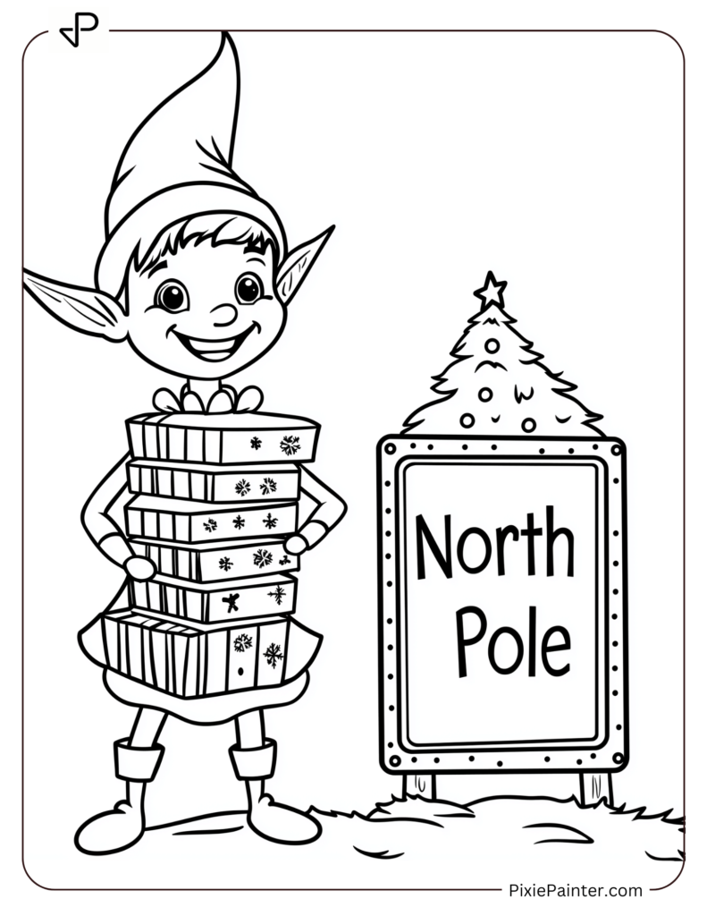 Elf Carrying Gifts by North Pole Sign