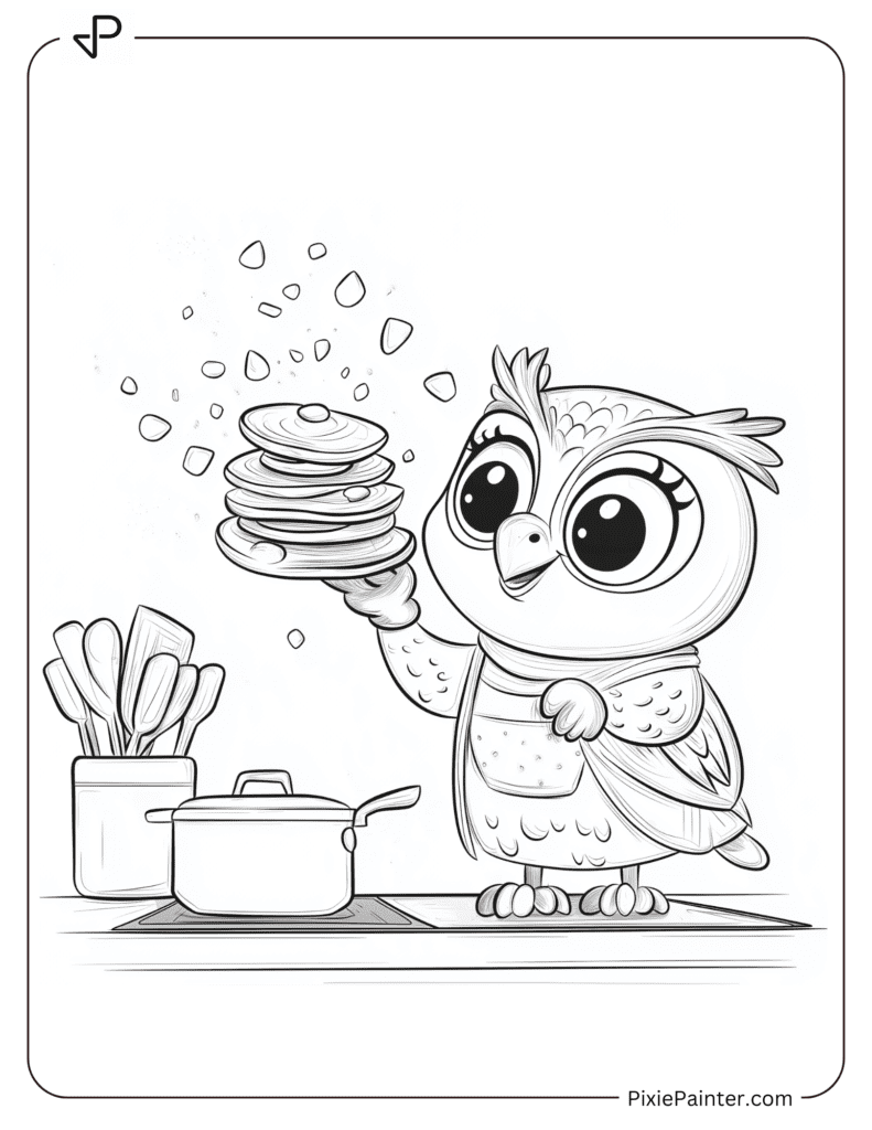 Cute Owl Cooking Pancakes In A Kitchen