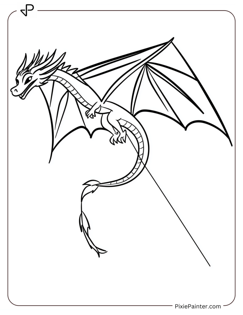 Chinese New Year Coloring Page Where A Colorful Dragon-Shaped Kite Soaring High In The Sky