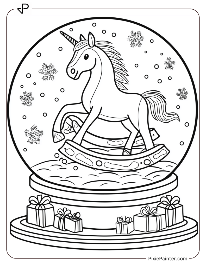 A Rocking Unicorn Surrounded By Tiny Wrapped Presents Inside A Snow Globe