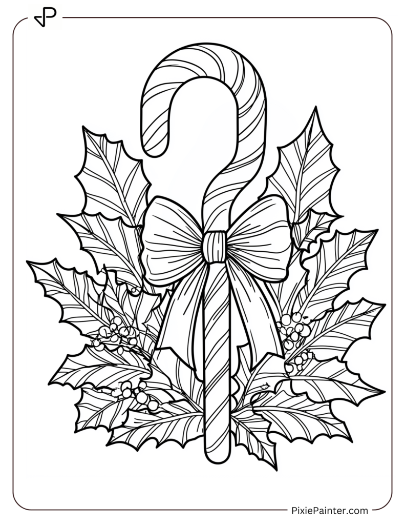 7. Candy Cane in Bow With Holly Leaves Christmas Coloring Pages