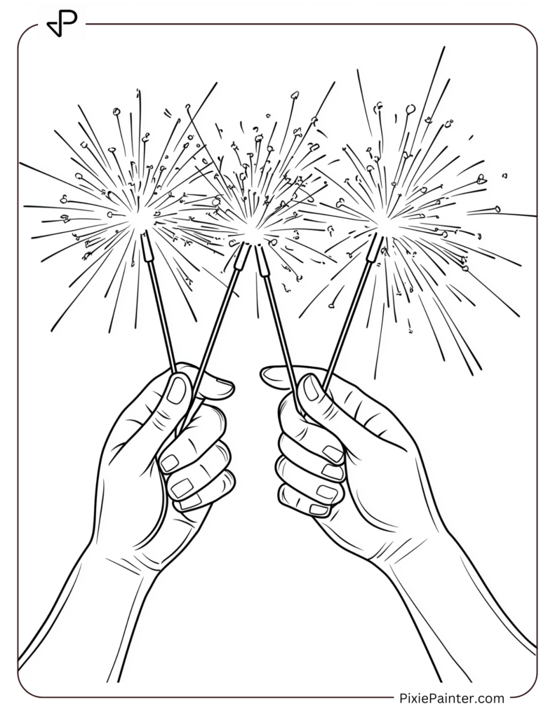 New Year's Eve Coloring Pages of Hands holding glowing sparklers