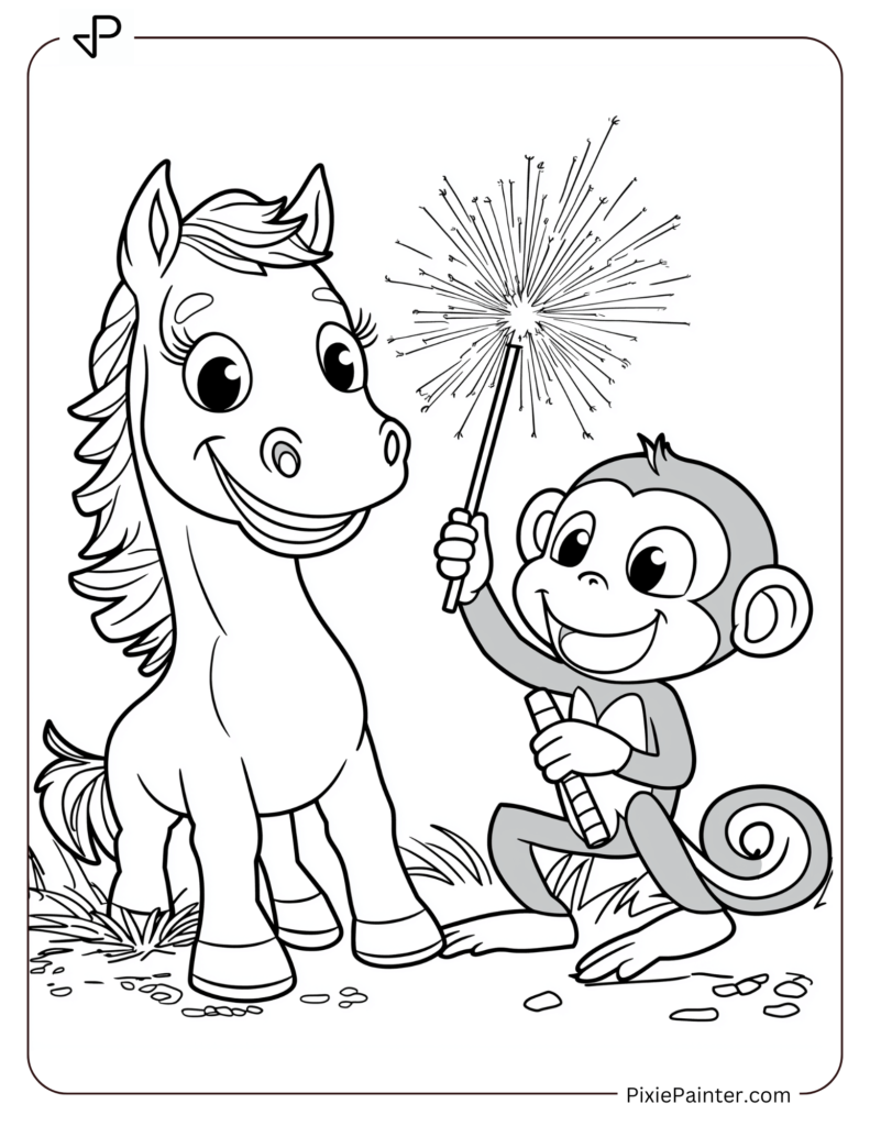 7. Horse And Monkey Lighting Fireworks-Chinese new year coloring pages