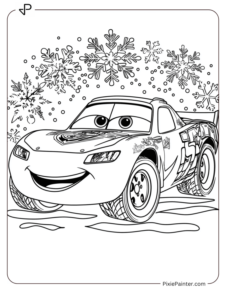 Winter Disney Coloring Page of Lightning McQueen with Snowflakes and a Winter Backdrop