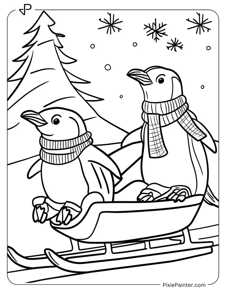 Penguins wearing scarves riding a sled on a snowy hill