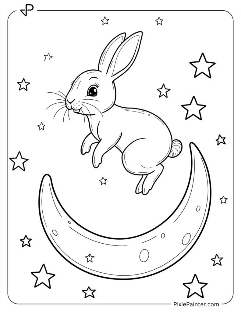 Lunar New Year Coloring Page of A Rabbit Jumping Over a Crescent Moon and Stars