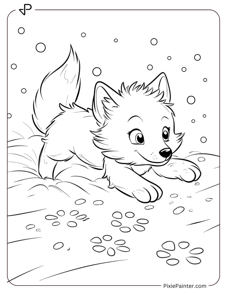 Winter Coloring Pages Where Arctic Fox Playing in the Snow