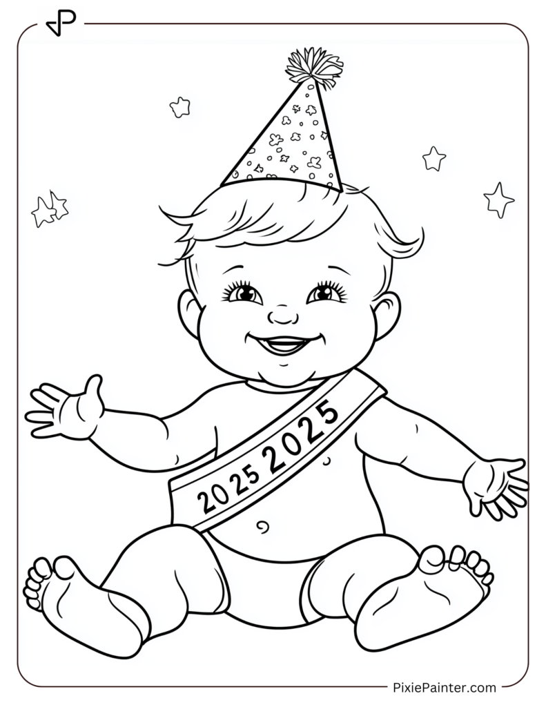 Cute New Year Coloring Pages With A Baby Wearing A 2025 Sash And Party Hat