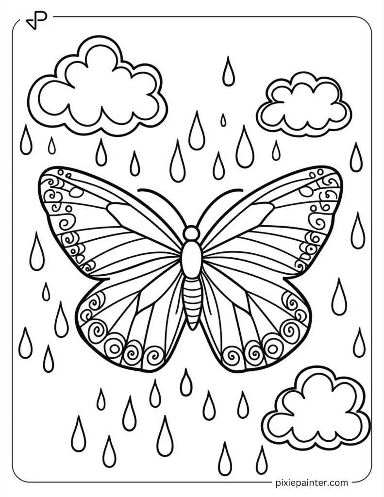 Coloring Page of A Butterfly Surrounded by Clouds and Raindrops