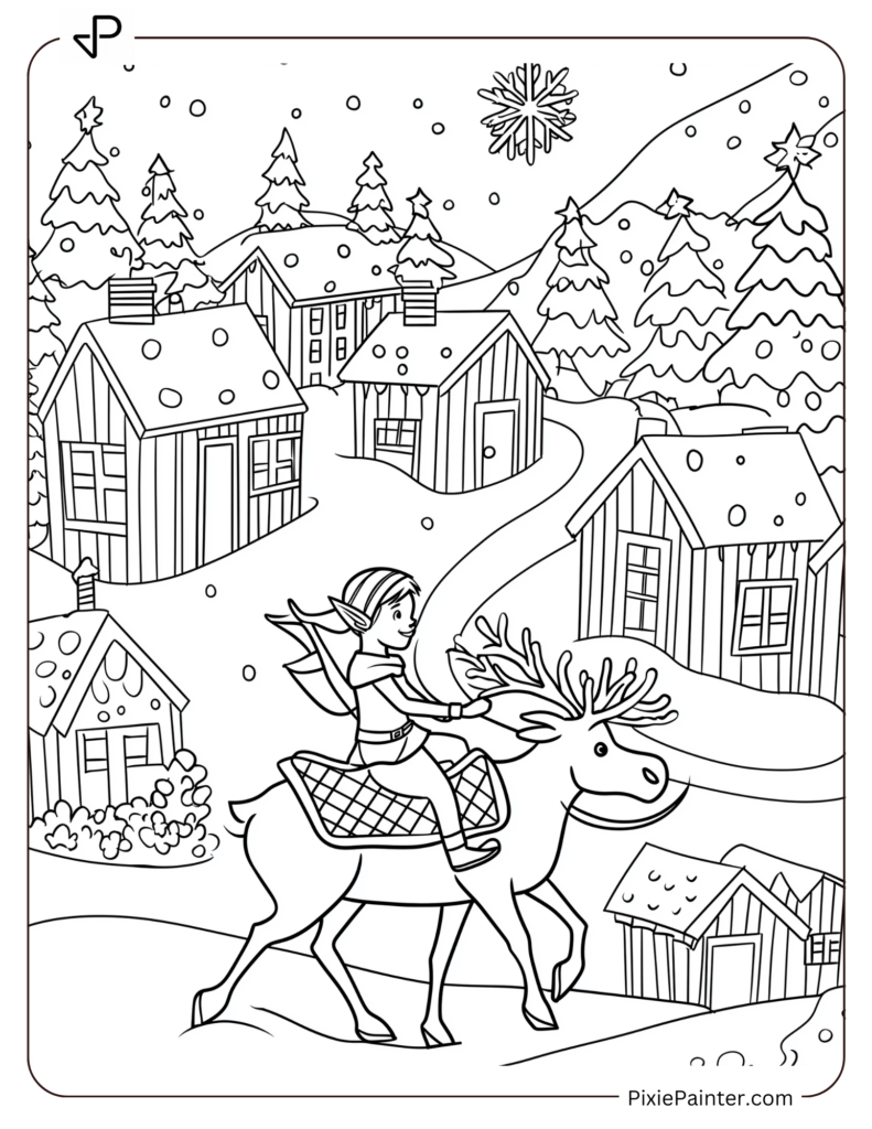 Winter Coloring Page for Adults of An elf riding a reindeer past snowy village houses