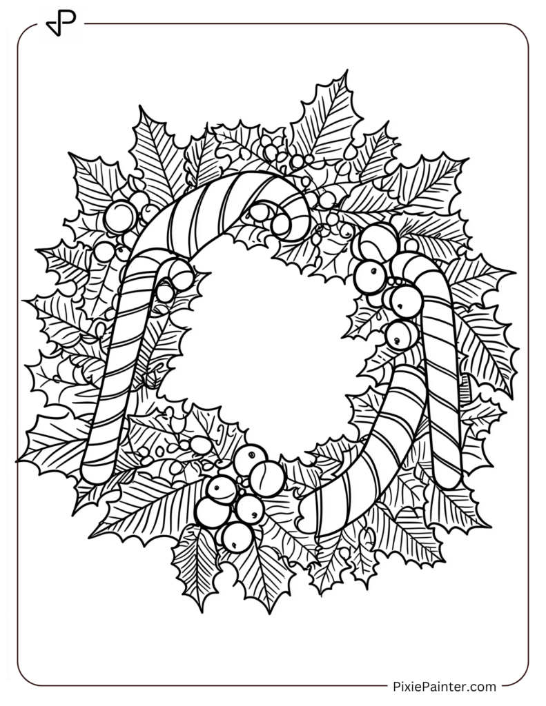 8. Beautiful Candy Cane Christmas Wreath Coloring Pages