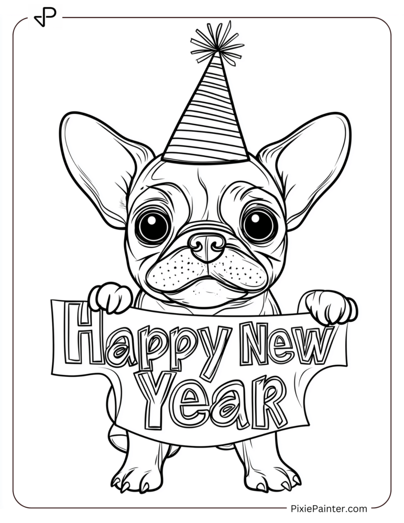 New Year's Eve Coloring Pages of Dog in a party hat with a Happy New Year sign