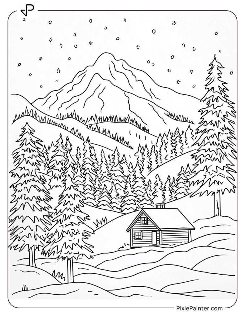 8. Snowy Mountain Cabin At Winter's Base-Winter Wonderland coloring pages