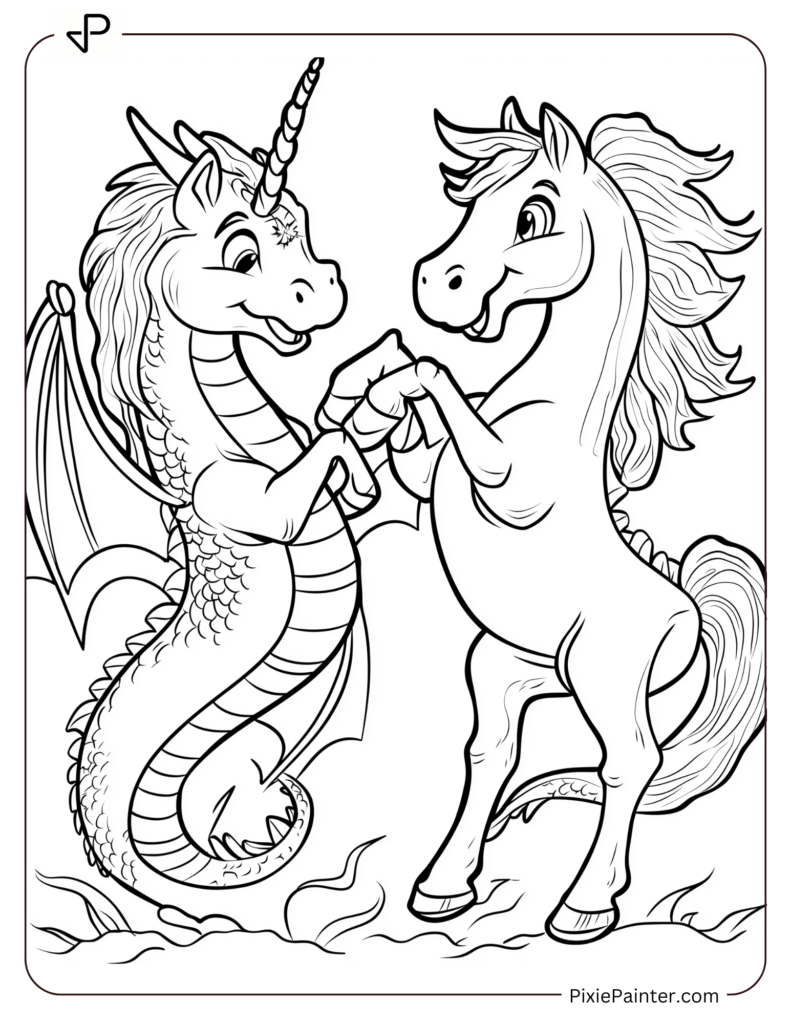 8. Unicorn And Horse Dancing For Prosperity-Chinese new year coloring pages