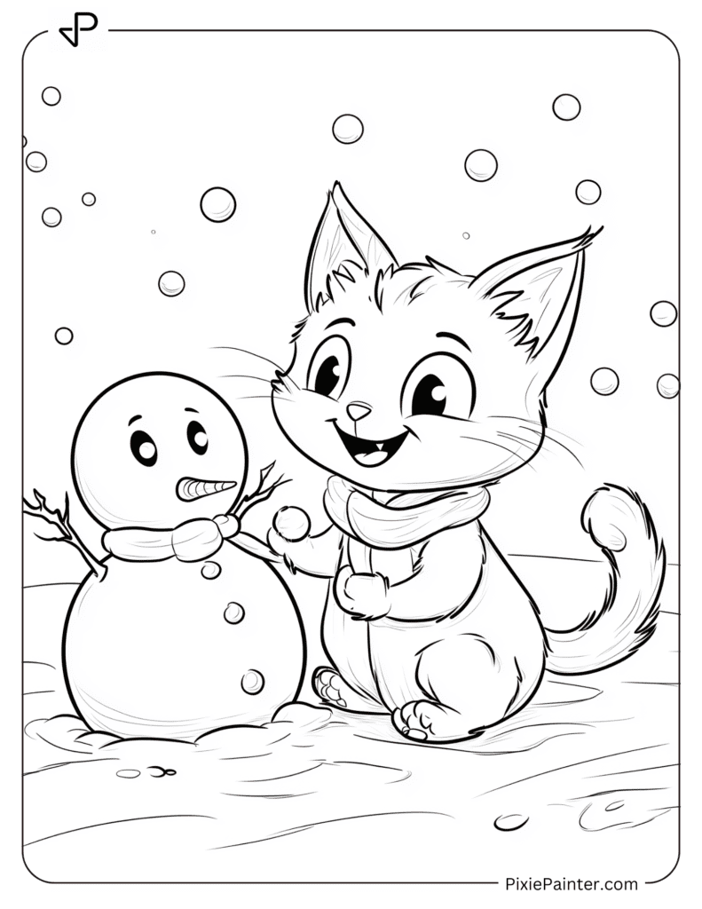 Winter Coloring Pages Where Curious Cat Pawing at a Snowball