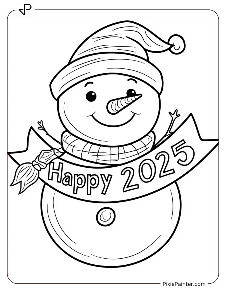 Cute New Year Coloring Pages With A Snowman Wearing A Scarf And Hat