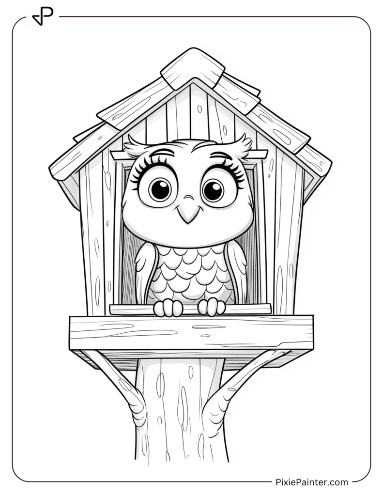 Cute Owl Sitting Inside A Treehouse