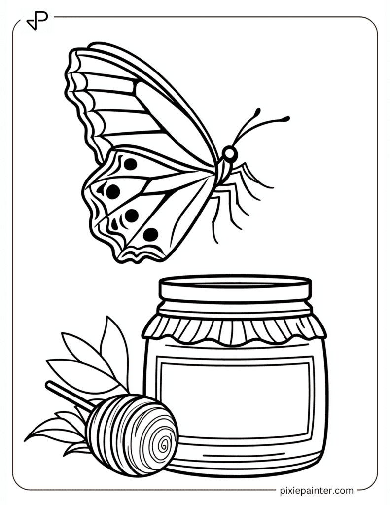 Coloring Page of A Butterfly Fluttering Around a Jar of Honey