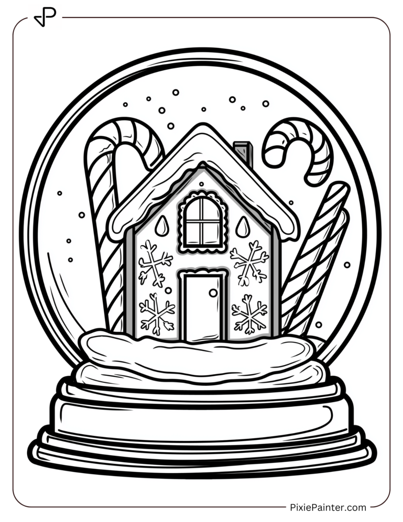 Coloring Page Where A Gingerbread House Adorned With Candy Canes And Gumdrops Inside A Snow Globe