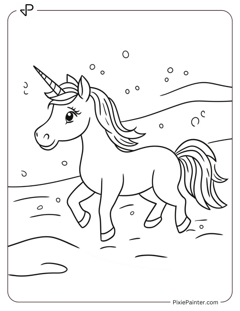 A Unicorn Frolicking In The Snow Under A Bright Sky