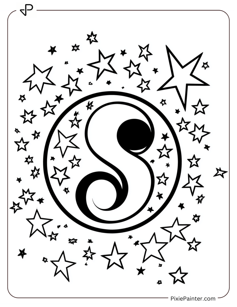 Chinese New Year Coloring Page Where A Yin-Yang Symbol Encircled By Twinkling Stars