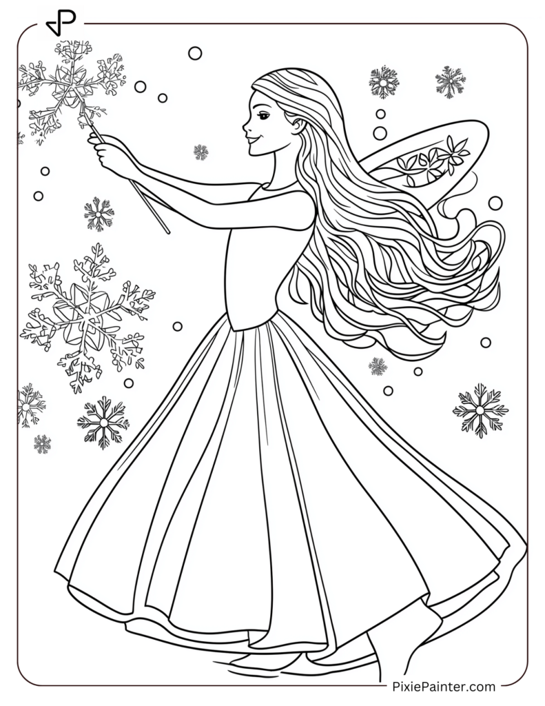 A magical winter fairy creating snowflakes with her wand