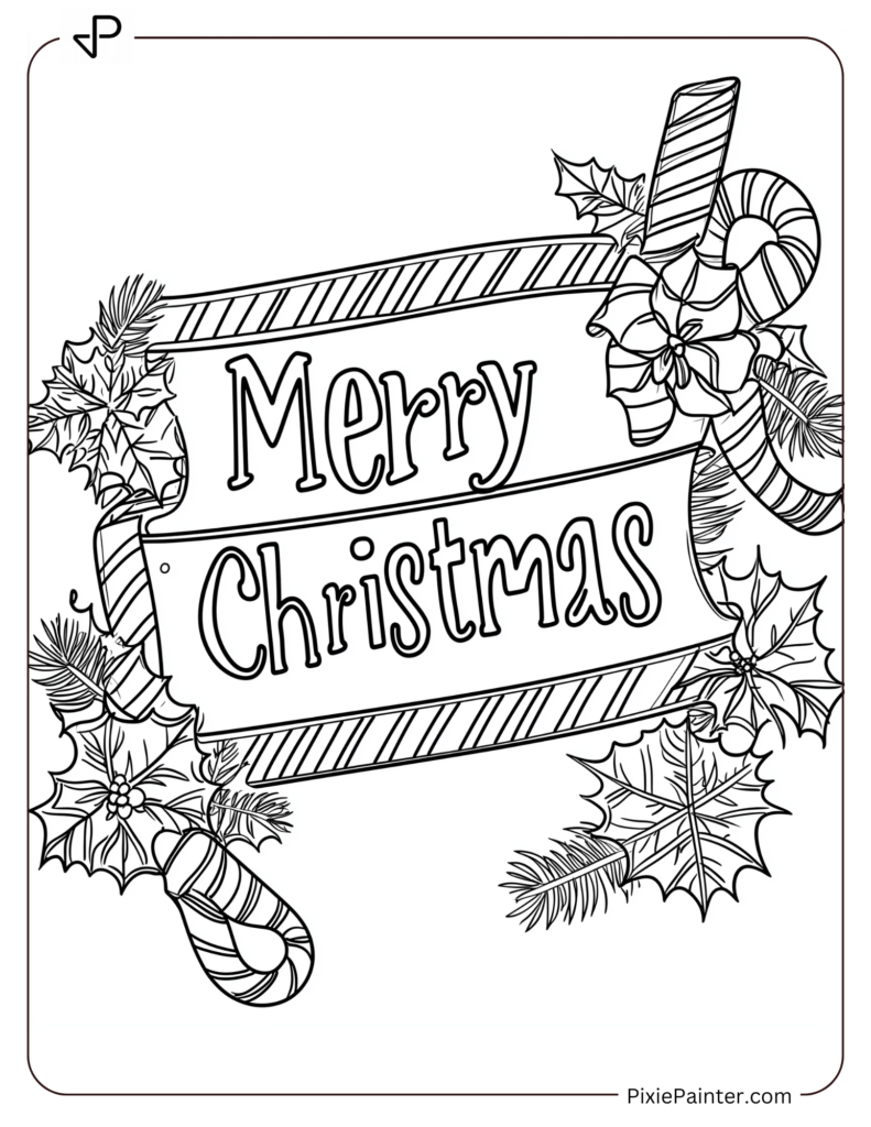 9. Candy Cane Tied To A Holiday Banner Christmas Coloring Pages