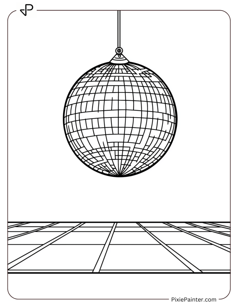 New Year's Eve Coloring Pages of Disco ball illuminating a vibrant dance floor