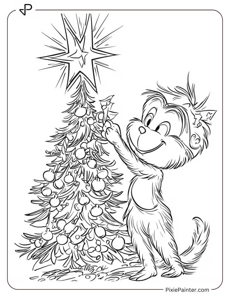 9. Grinch Decorating A Christmas Tree Happily Coloring Pages