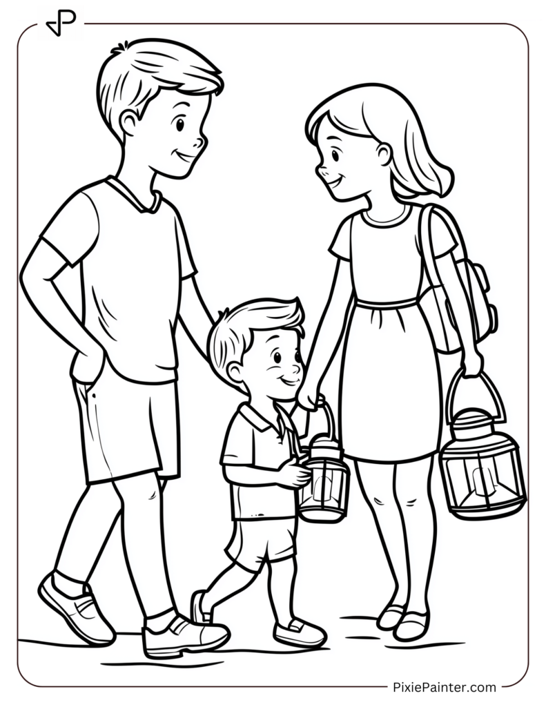 Lunar New Year Coloring Page of A Young Child Holding a Lantern With Family