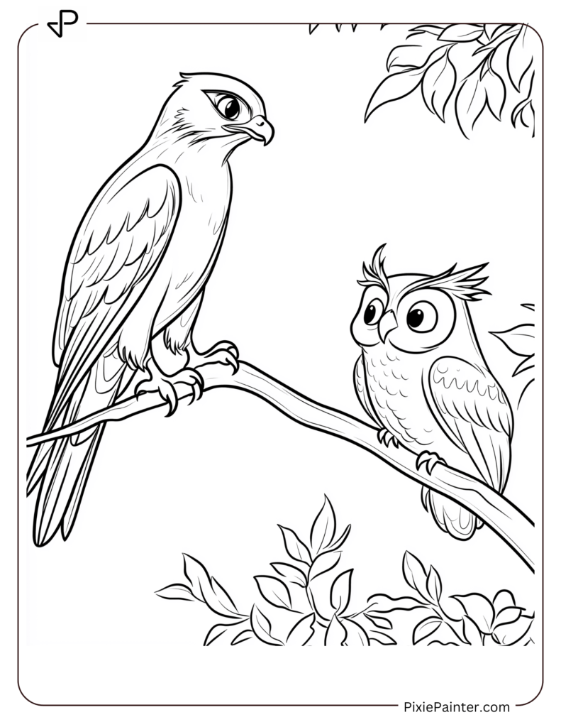 Falcon And Owl Sharing A Tree Branch