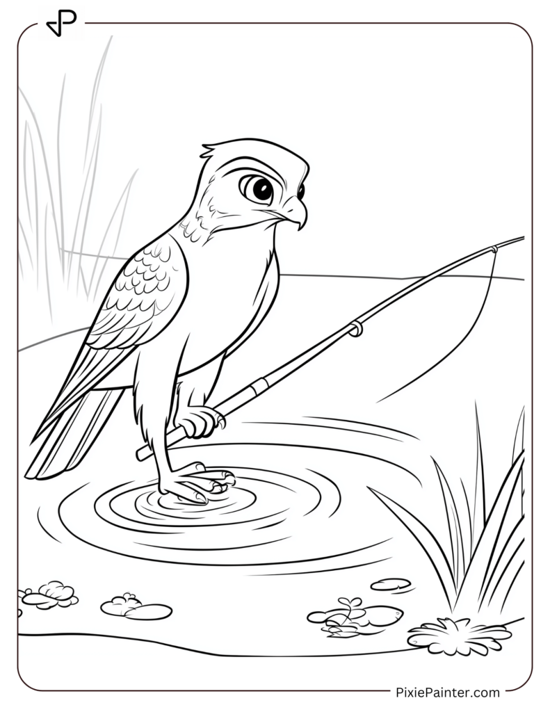 Falcon Fishing From A Pond