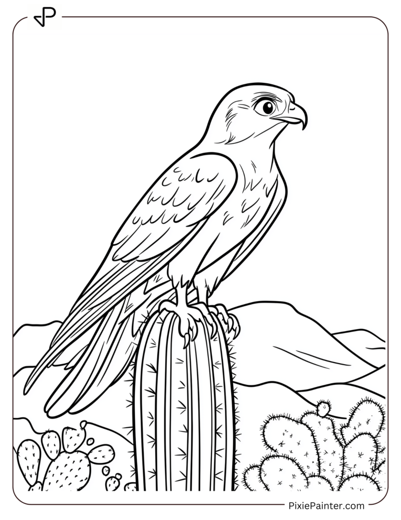 Falcon Perched On Cactus In Desert