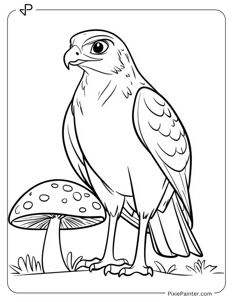 Falcon Standing Beside A Mushroom