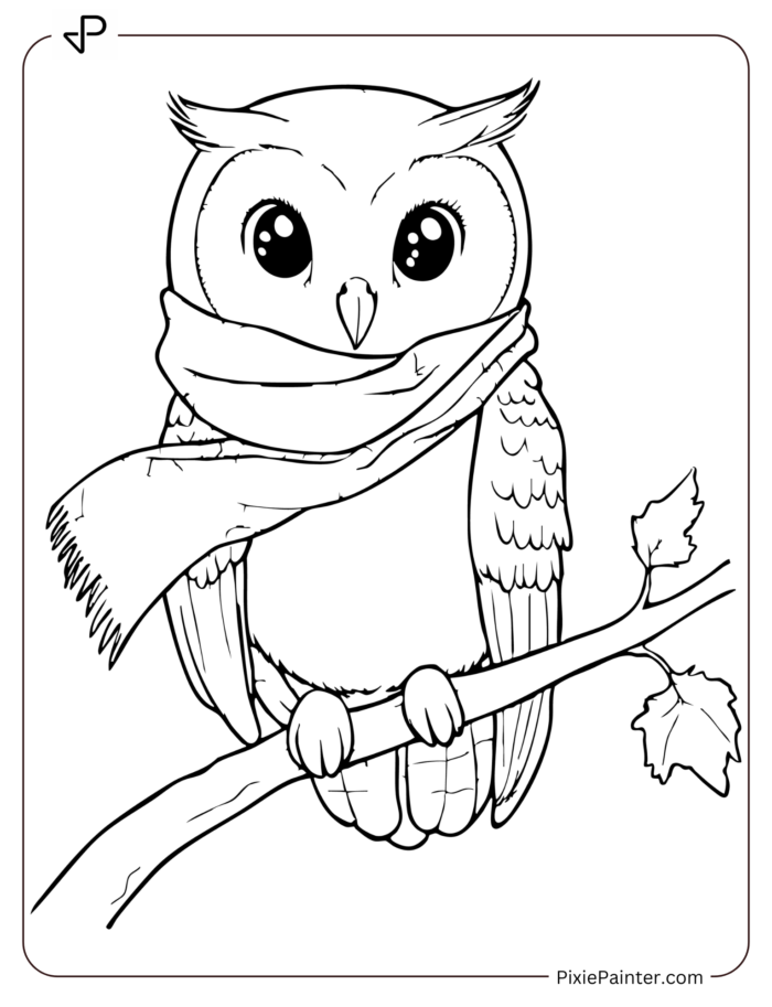 owl sitting on tree branch in winter scarf