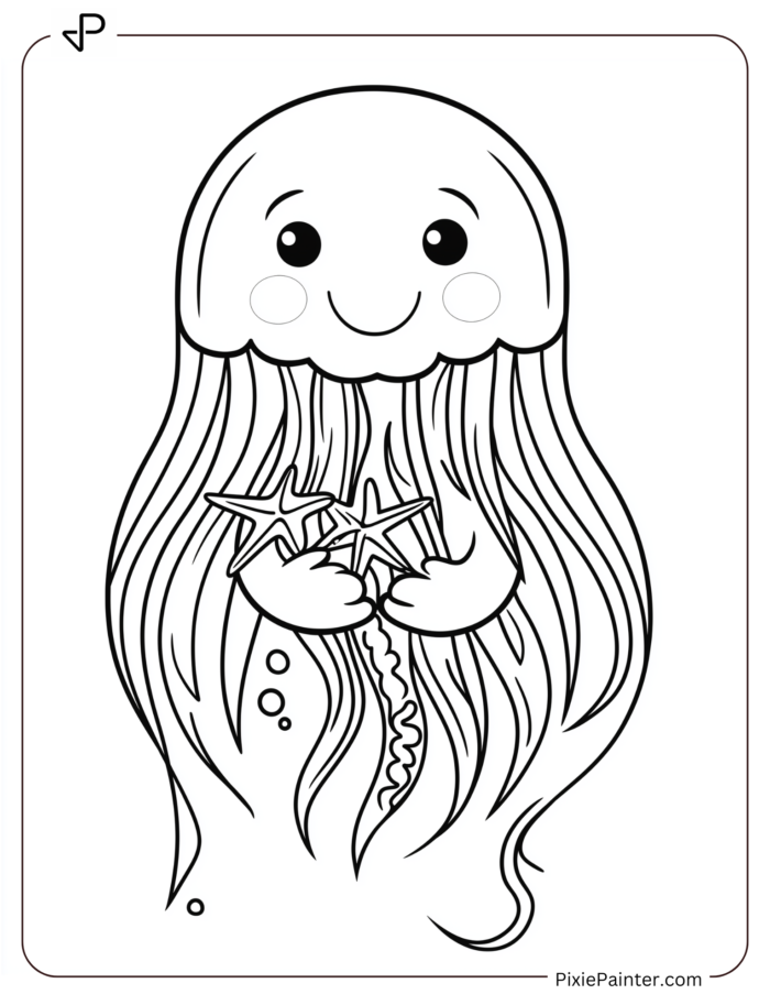 cute jellyfish holding starfish smiling