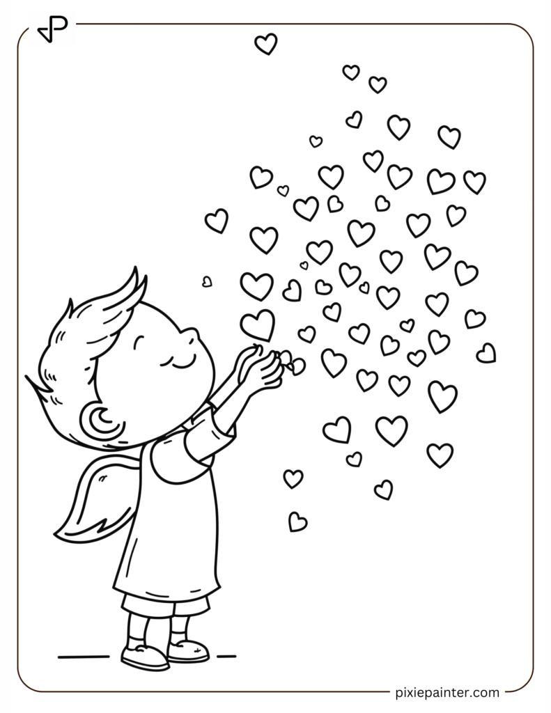 1. Baby Catching Flying Hearts-cute valentine's coloring pages