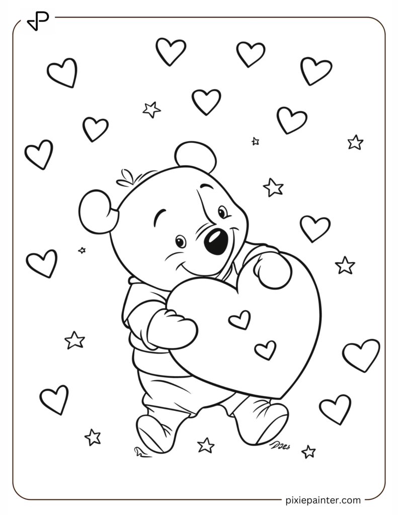 1. Baby Pooh Hugging A Big Heart -winnie the pooh valentines day coloring pages