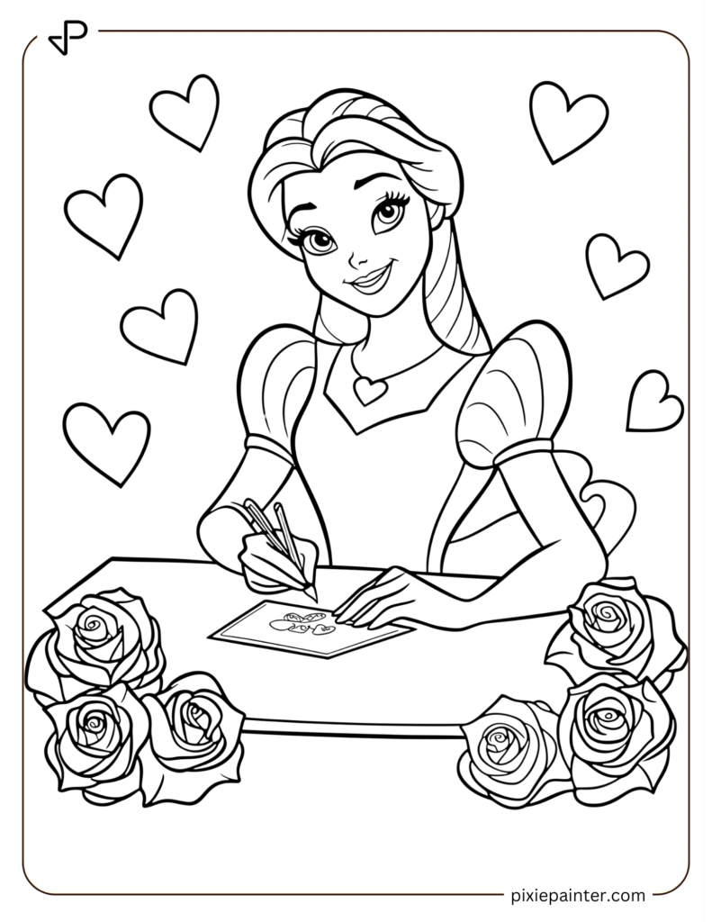 1. Belle Writing Valentine Cards Surrounded By Roses- disney valentine's day coloring pages