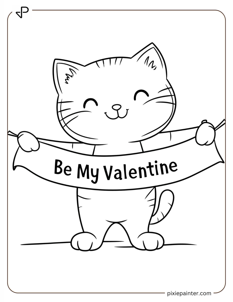 Valentine's Coloring Page Where Cat Holding A "Be My Valentine" Banner