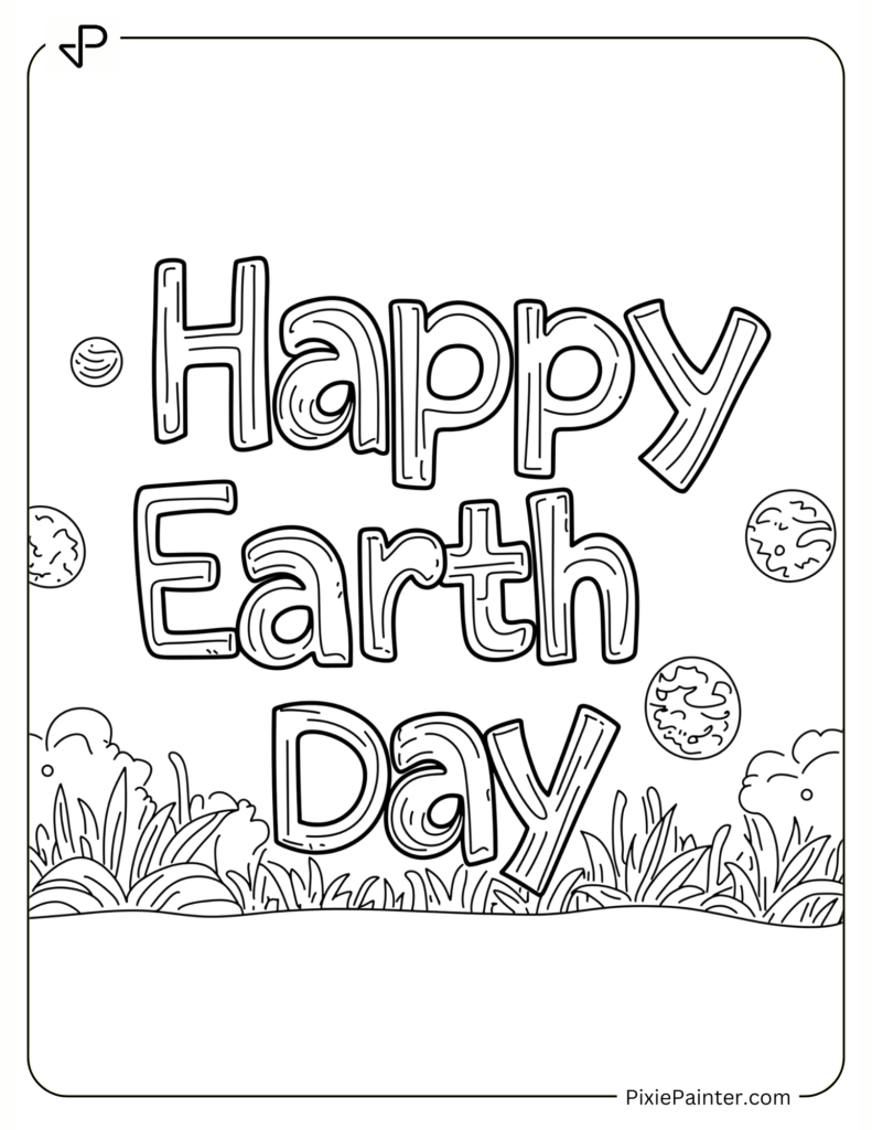 Simple Coloring Page Outline of “Happy Earth Day” Bubble Text