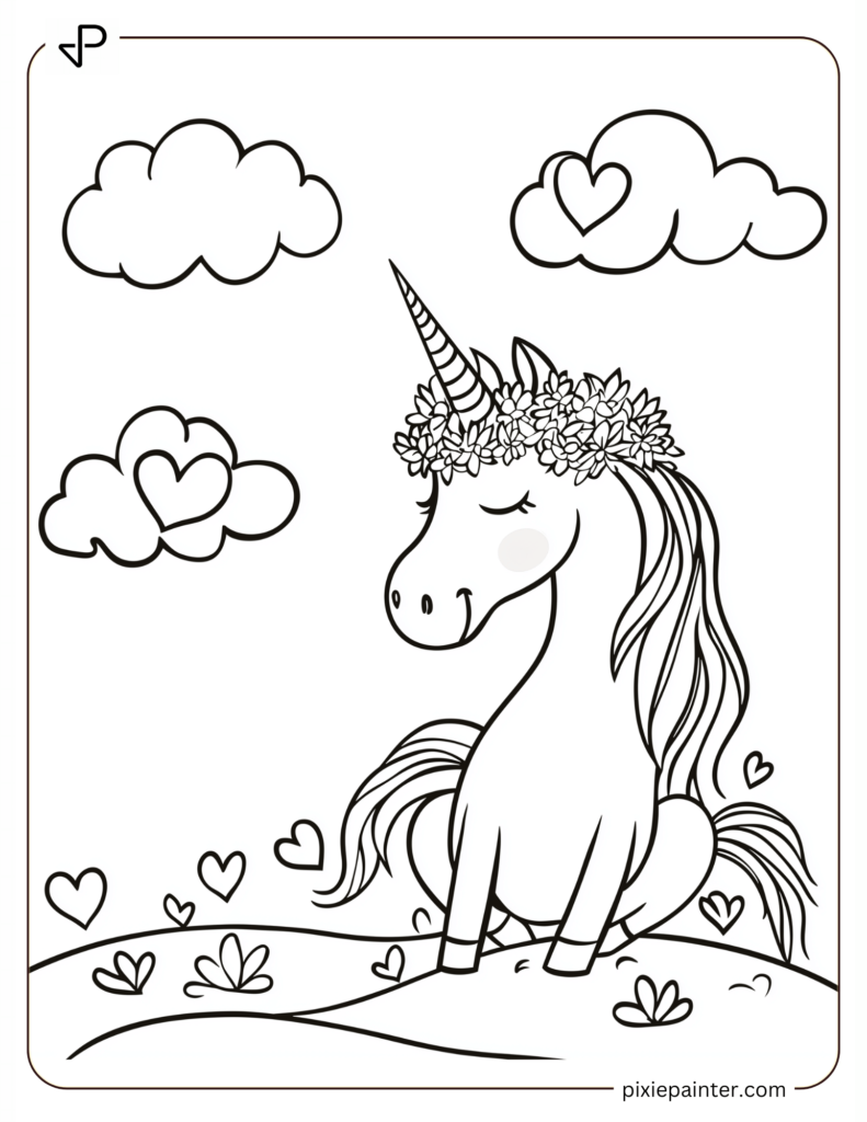 10. Cute Unicorn Sitting Under Love Clouds-cute valentine's coloring pages