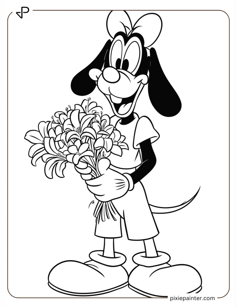 10. Goofy Smiling With A Bouquet Of Flowers -disney valentine's day coloring pages