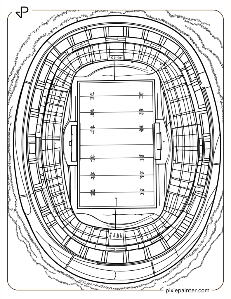 Coloring Page of Top-Down Football Field – Aerial view of a football stadium