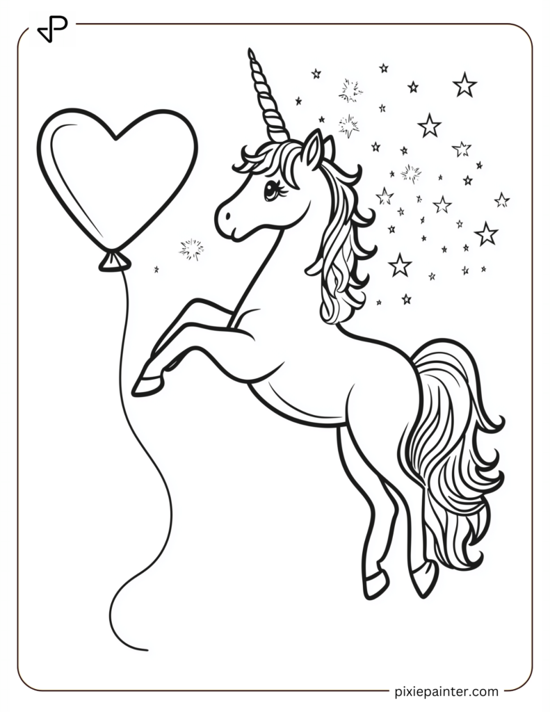 11. Adorable Unicorn With A Love Balloon-cute valentine's coloring pages