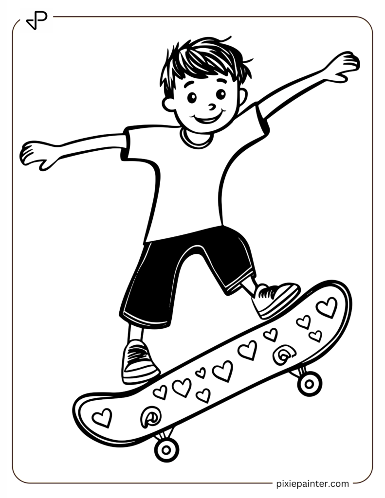 Boy Riding a Skateboard with Heart Stickers