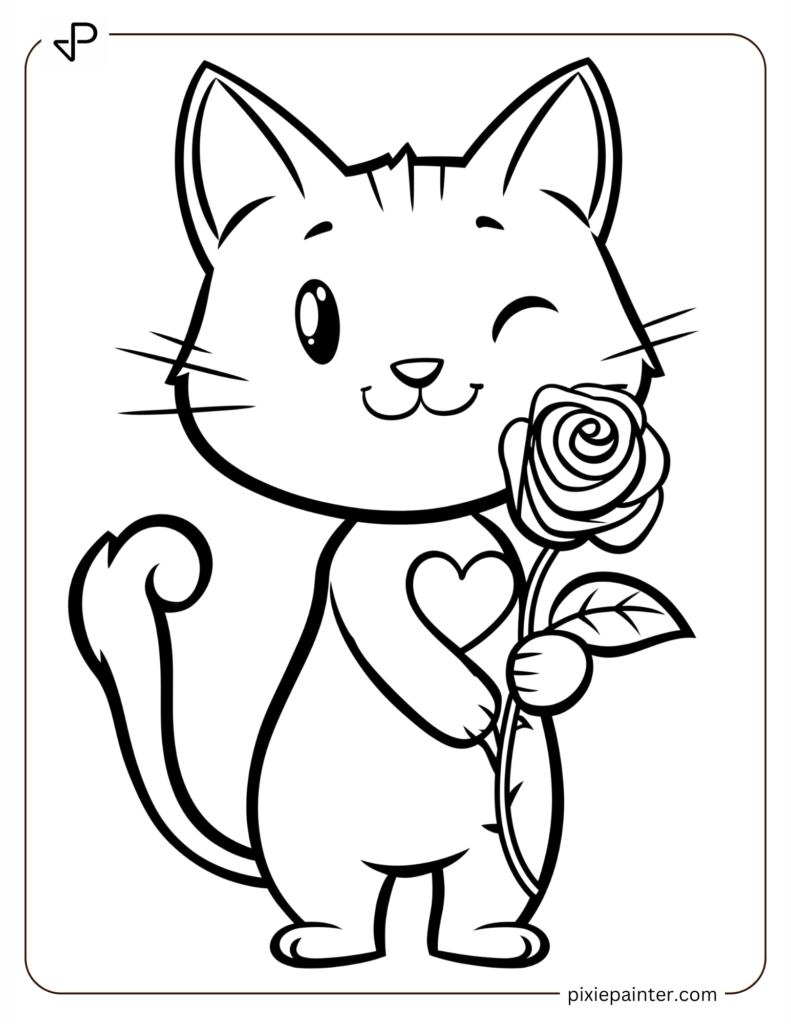 Valentine's Coloring Page Where Cat Holding A Rose And A Heart