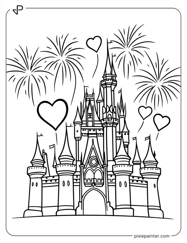 11. Disney Castle With Heart Fireworks In The Sky -disney valentine's day coloring pages