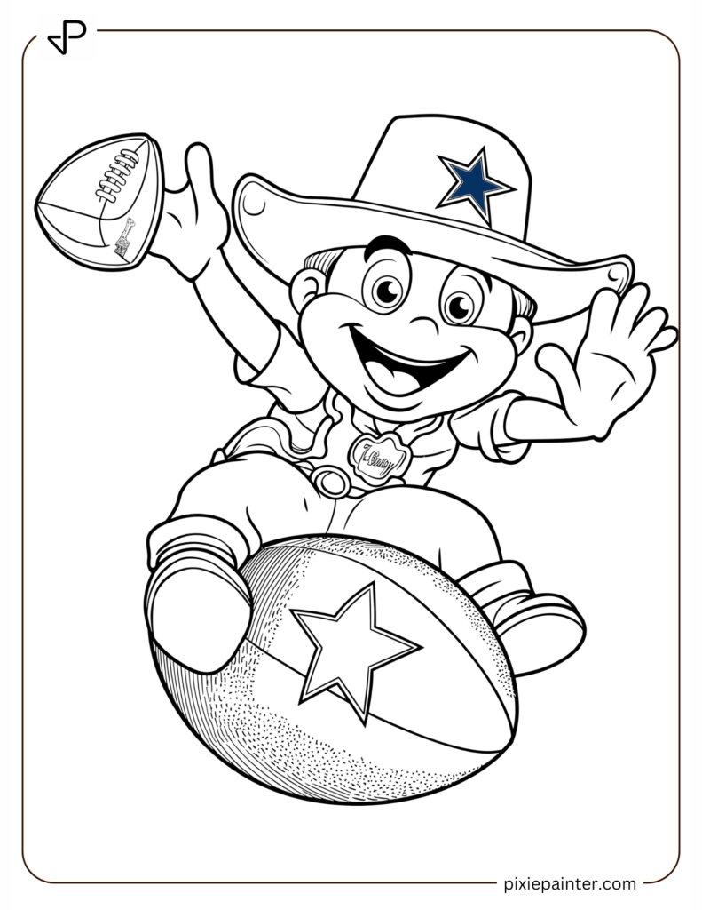 11. Happy Cowboys Mascot Rowdy Riding a Football