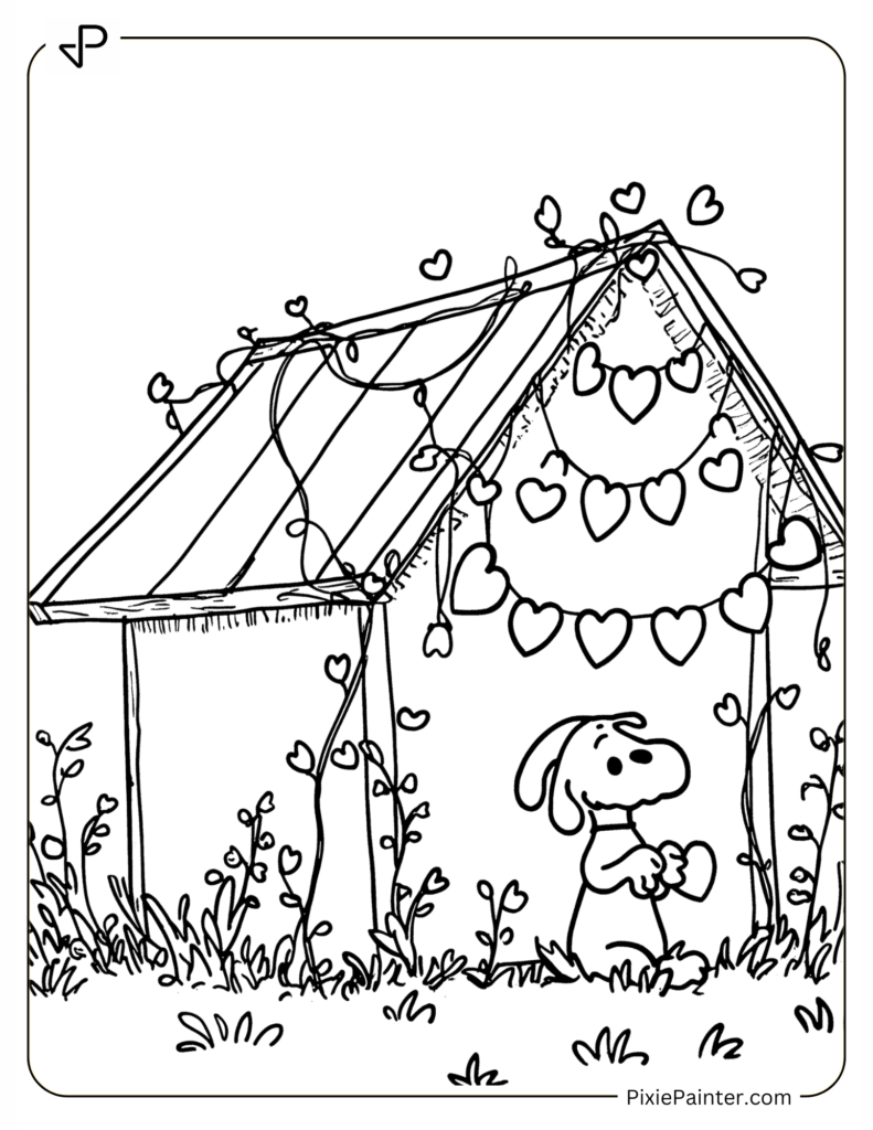 Snoopy Decorating Doghouse with Heart Garlands